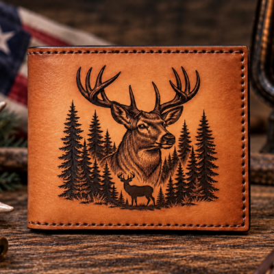 Hand-tooled deer leather wallet with detailed buck and pine tree design