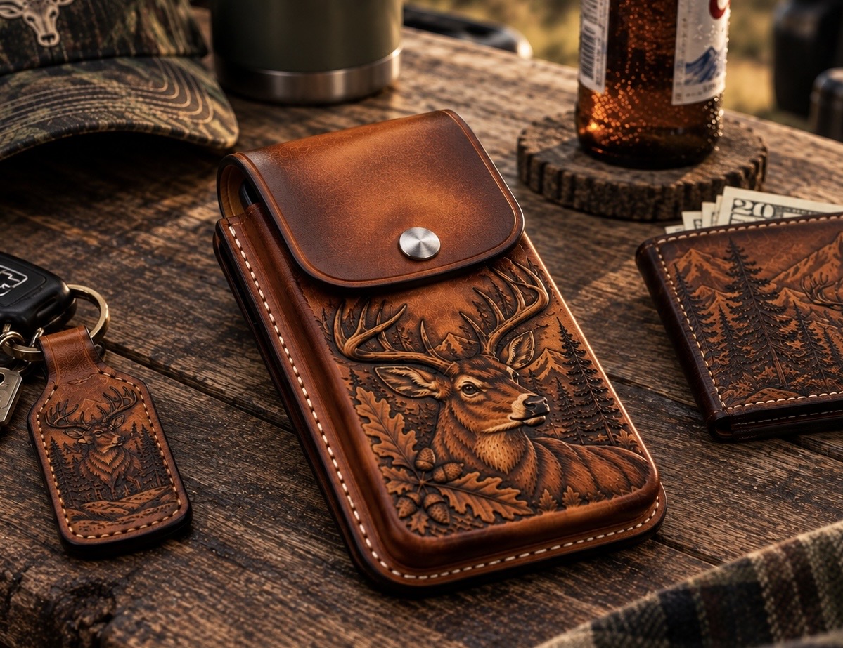 Hand-Tooled Deer Design Molded Leather Cell Phone Holster – Handmade USA - Image 6