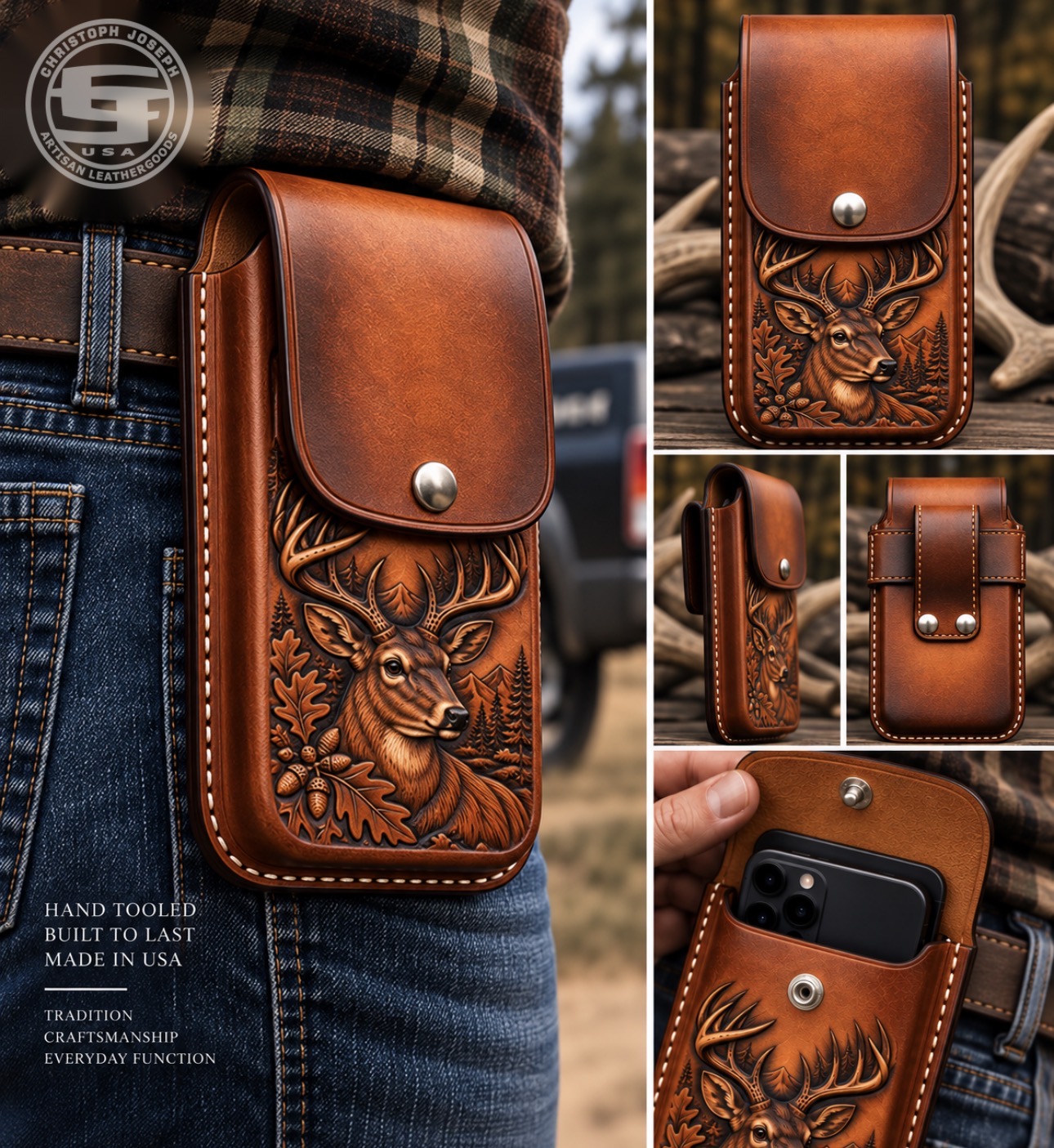 Hand-Tooled Deer Design Molded Leather Cell Phone Holster – Handmade USA - Image 2