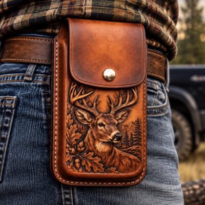 Hand-tooled deer design molded leather cell phone holster worn on belt