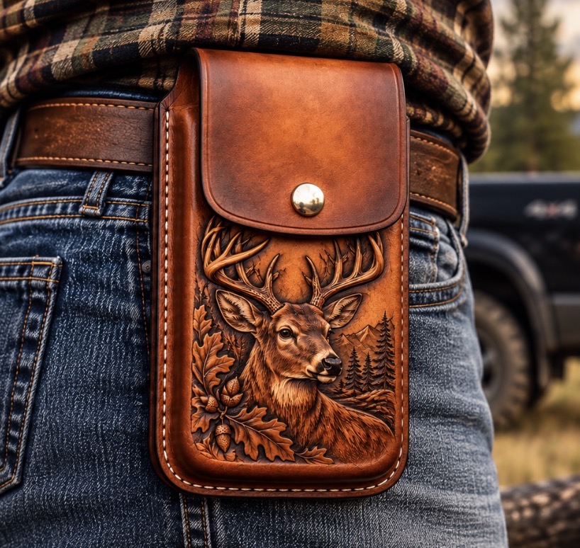 Hand-tooled deer design molded leather cell phone holster worn on belt