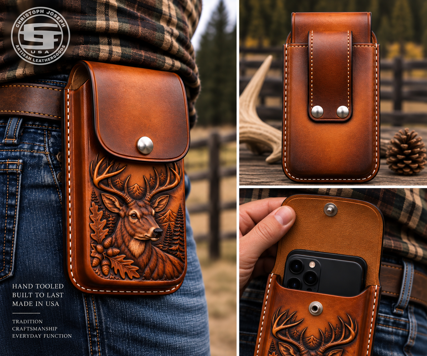 Hand-Tooled Deer Design Molded Leather Cell Phone Holster – Handmade USA - Image 3