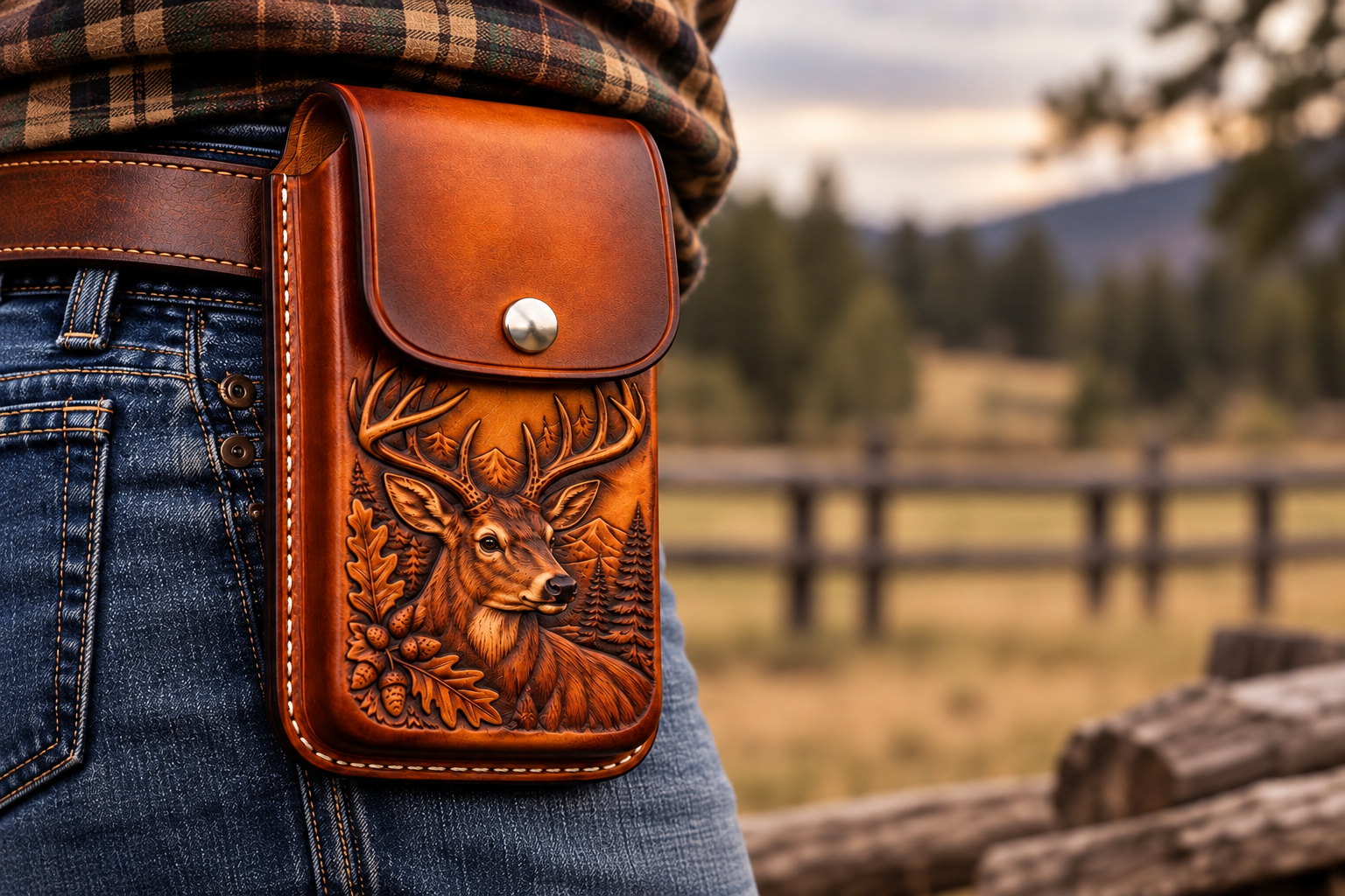 Hand-Tooled Deer Design Molded Leather Cell Phone Holster – Handmade USA - Image 4