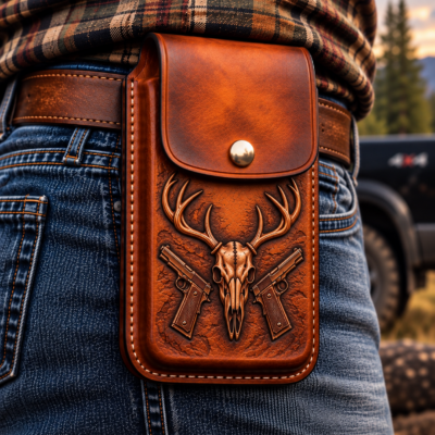 Hand-tooled deer skull and pistols molded leather cell phone holster handmade in USA