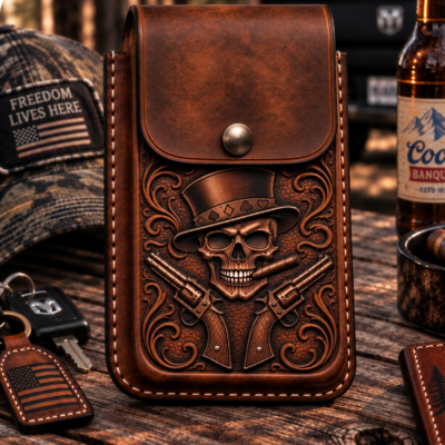 Hand-tooled skull and crossed pistols outlaw cowboy leather phone holster worn on belt