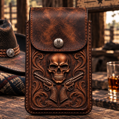 Skull and pistols outlaw design molded leather cell phone holster