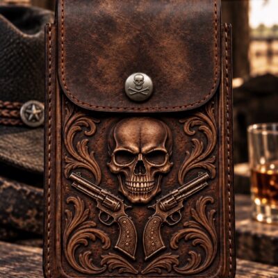 Hand-tooled leather phone holster featuring a skull and crossed pistols in an outlaw western design