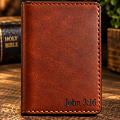 Handmade leather card holder wallet with personalized bible verse initials and a cross