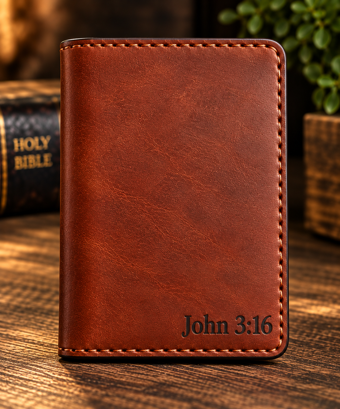 Handmade leather card holder wallet with personalized bible verse initials and a cross