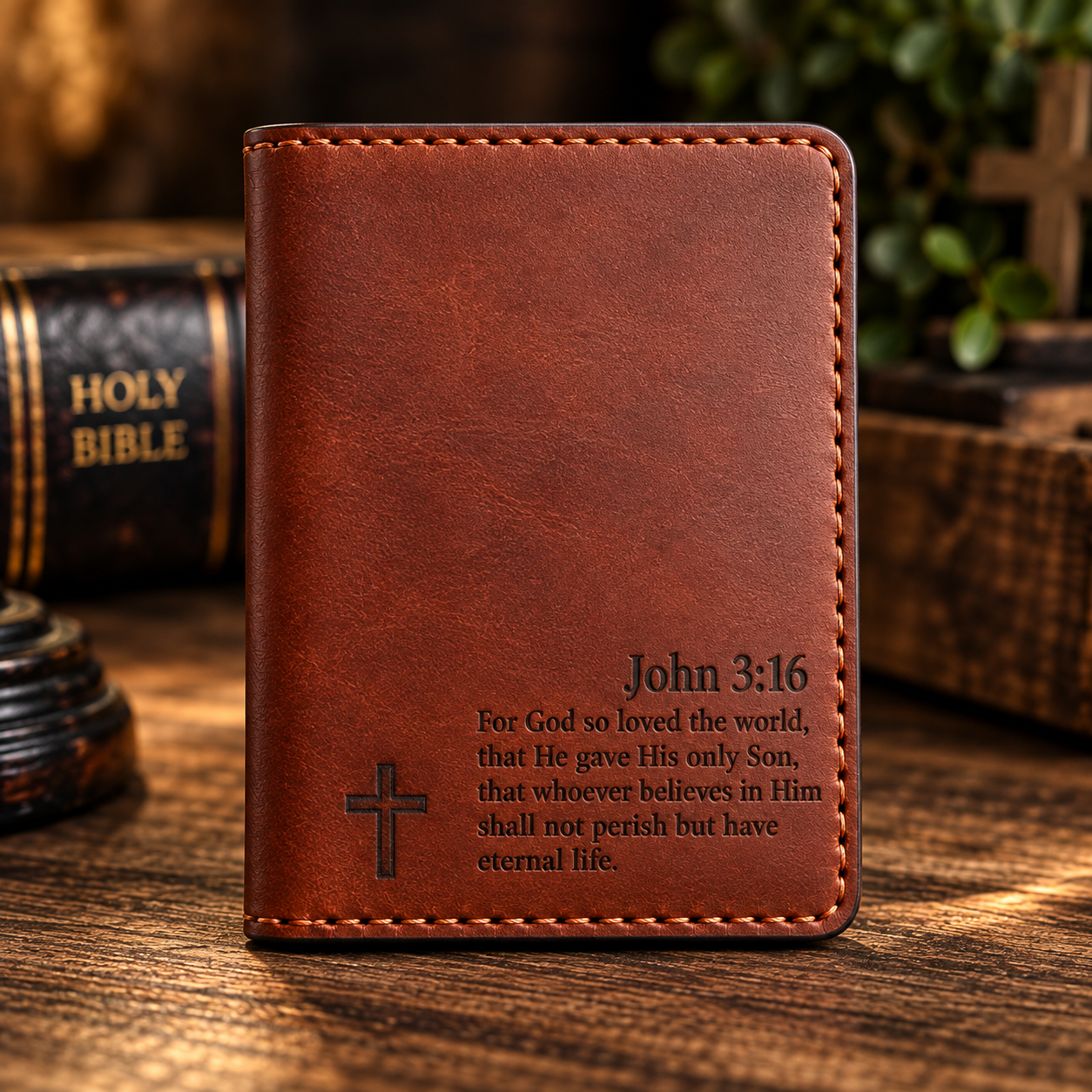 Handmade Leather Credit Card Holder Personalized Wallet Christian Bible Verse - Image 5