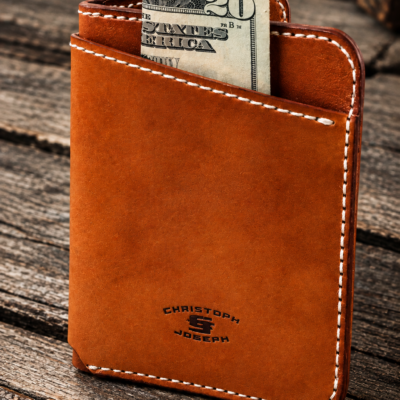 Handmade leather credit card wallet in tan finish , made in USA