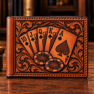 Hand tooled leather poker wallet with playing cards and poker chips
