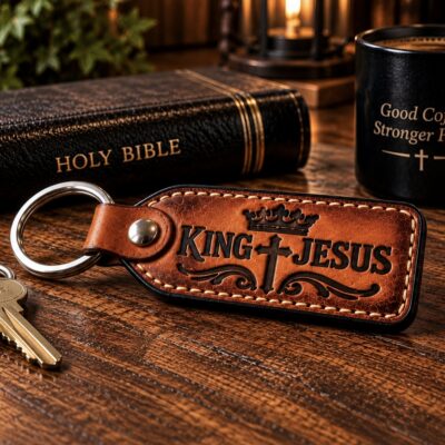 Hand tooled leather King Jesus keychain with cross