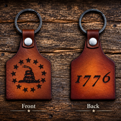 Hand-tooled leather Don't Tread On Me 1776 keychain, front and back
