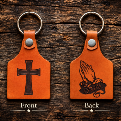 Handmade Faith cross leather keychain with praying hands, front and back