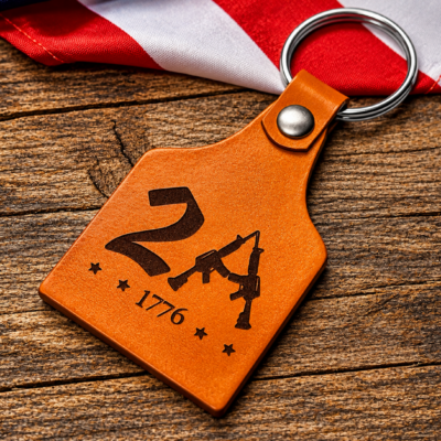 Patriotic 2nd Amendment leather keychain with 1776 design and stainless steel ring