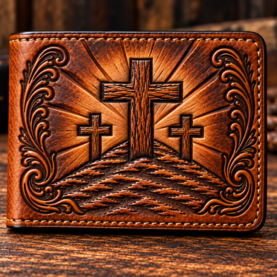 Hand-tooled Christian leather bifold wallet with three wood crosses and sunburst design