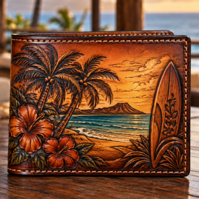 Hand-tooled Hawaiian surf leather bifold wallet with palm trees, hibiscus, ocean waves, mountains and surfboard