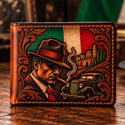 Hand-tooled Cosa Nostra Italian gangster leather bifold wallet with fedora, cigar, vintage car and Italian tricolor artwork
