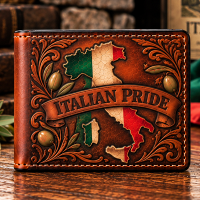 talian Pride premium hand-tooled leather bifold wallet held in a Tuscan village