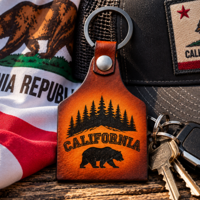 California Pride Laser engraved leather keychain with state bear, map and pine trees