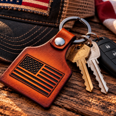 Handmade American flag engraved leather keychain with keys on rustic wood