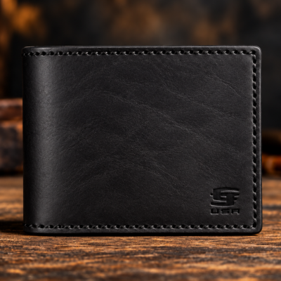 Handmade black leather bifold wallet for men