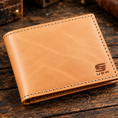 Natural tan vegetable-tanned leather bifold wallet handcrafted in Los Angeles. Classic urban styling, rugged luxury, timeless design, and beautiful patina.