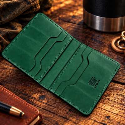 Handmade emerald green card wallet crafted from genuine Conceria Walpier Buttero vegetable-tanned leather from Italy, with matching green stitching.