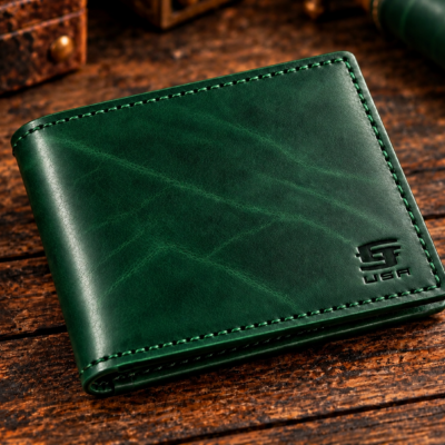 Emerald green Italian Buttero leather bifold wallet handcrafted in America
