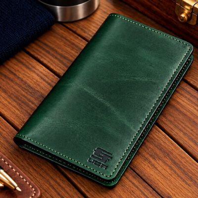 Emerald green executive long wallet handcrafted from premium Italian veg-tanned Conceria Walpier Buttero leather. Handmade in Los Angeles.