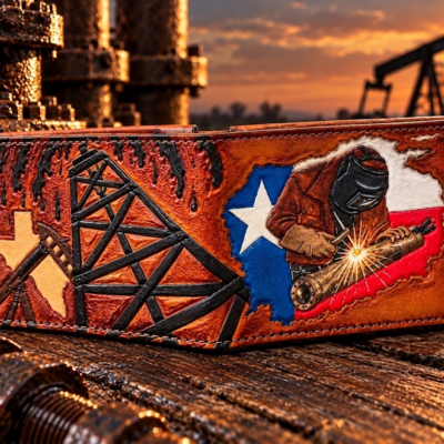 Texas oilfield welder leather bifold wallet with oil derrick, welding artwork and Texas flag.