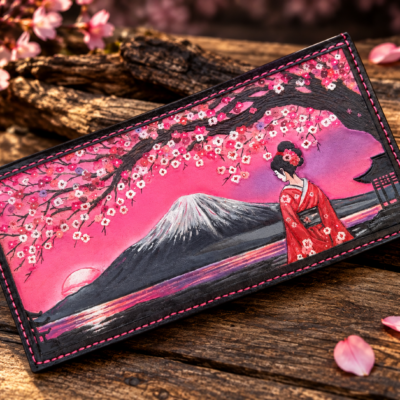 Handmade Japanese cherry blossom long leather wallet featuring a kimono-clad woman, Mount Fuji, and pink cherry blossoms.