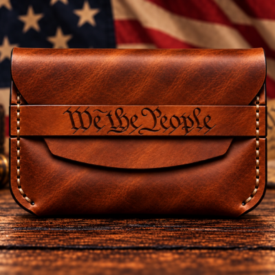Brown leather minimalist card holder engraved with We the People in a Constitution-inspired blackletter font
