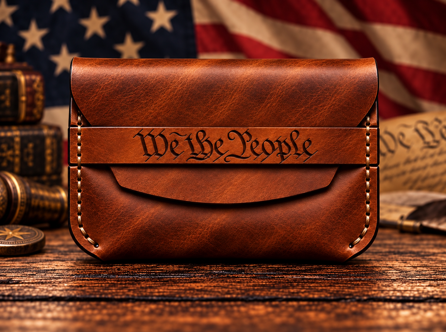 Brown leather minimalist card holder engraved with We the People in a Constitution-inspired blackletter font