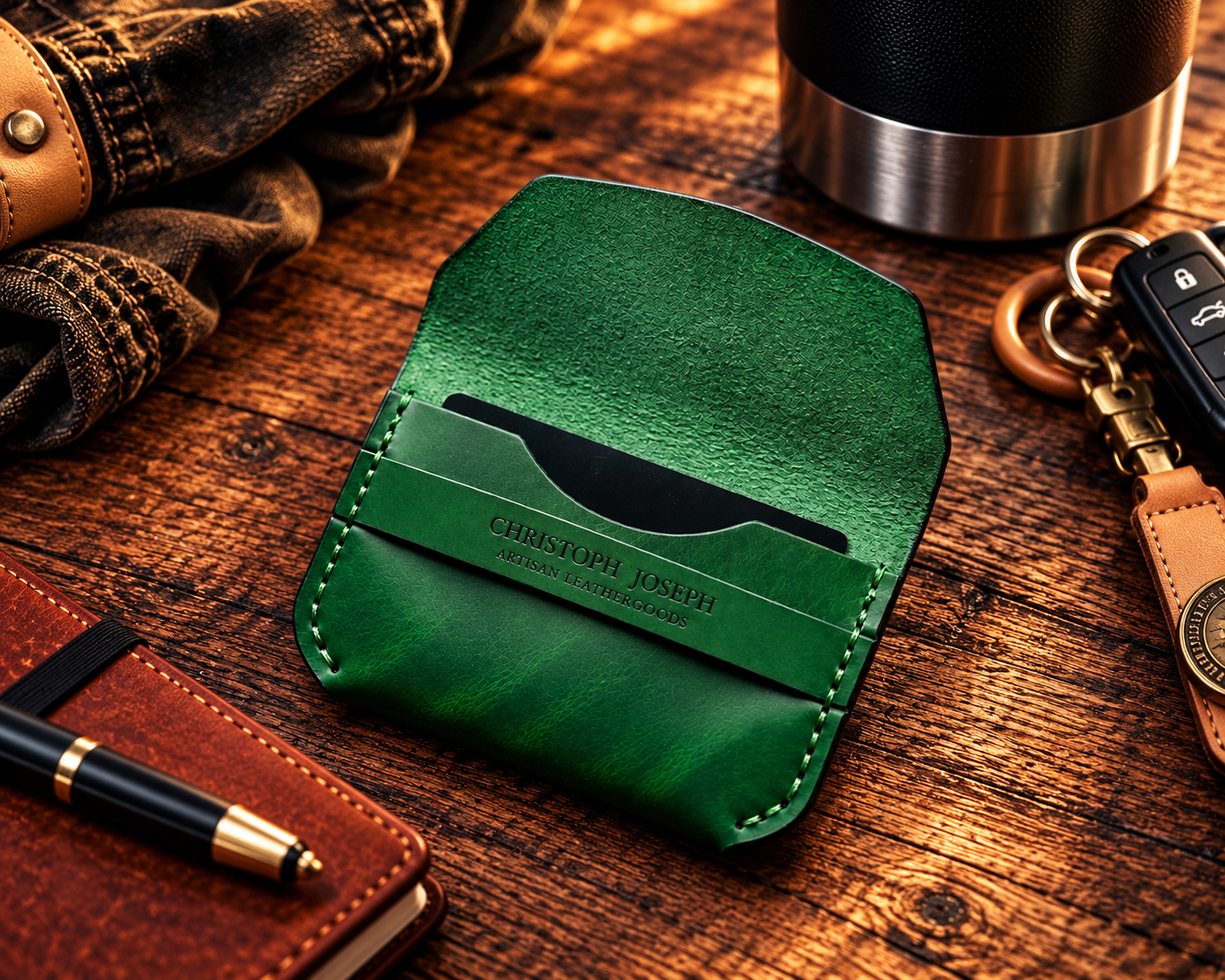 Urban Rugged Luxury Emerald Green Minimalist Card Holder – Premium Italian Leather - Image 2