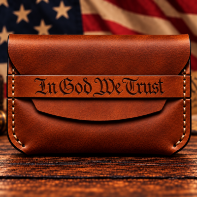 In God We Trust Christian patriotic leather card holder in rich cognac brown with contrasting stitching by Christoph Joseph Leather.