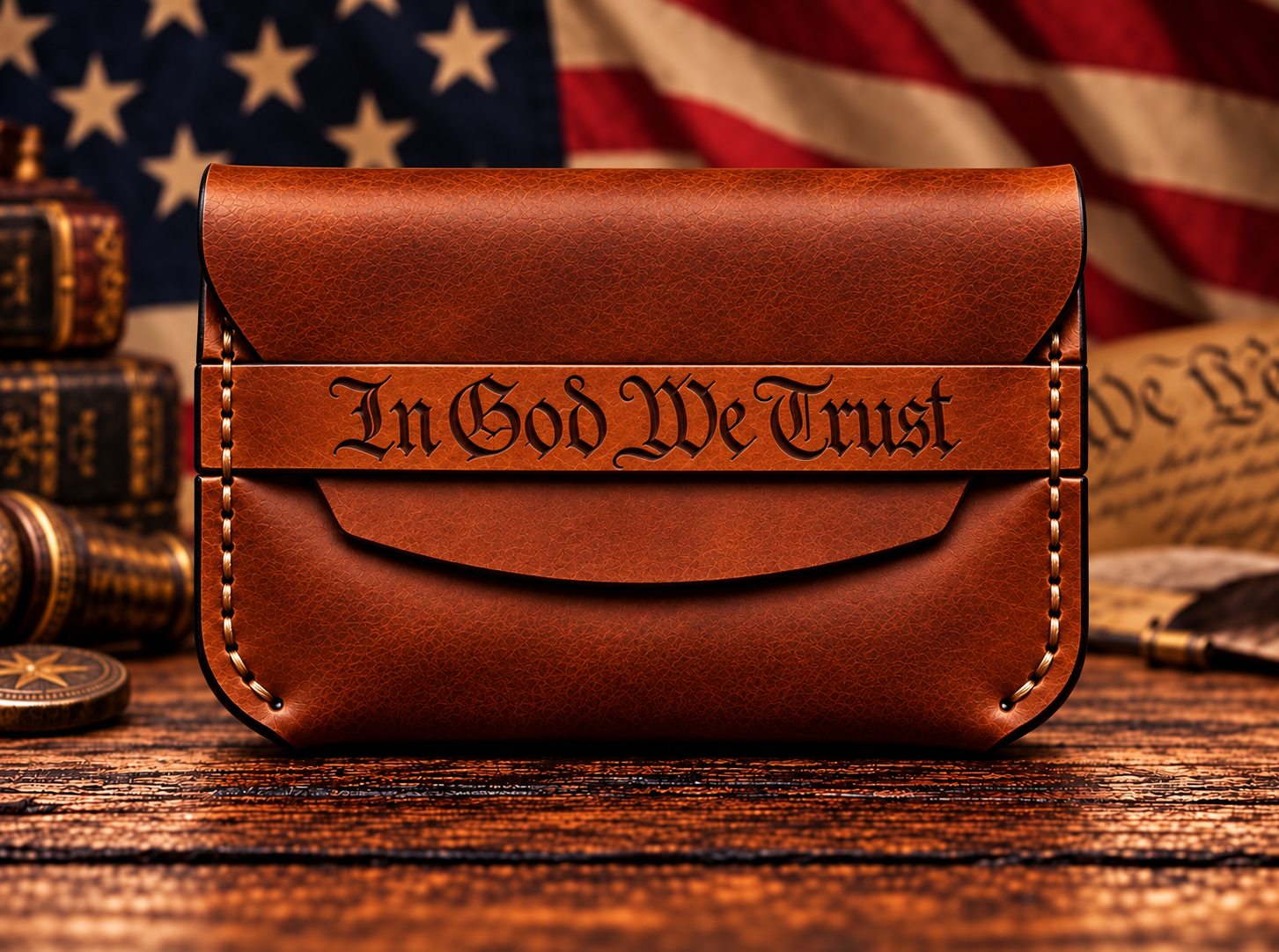 In God We Trust Christian patriotic leather card holder in rich cognac brown with contrasting stitching by Christoph Joseph Leather.